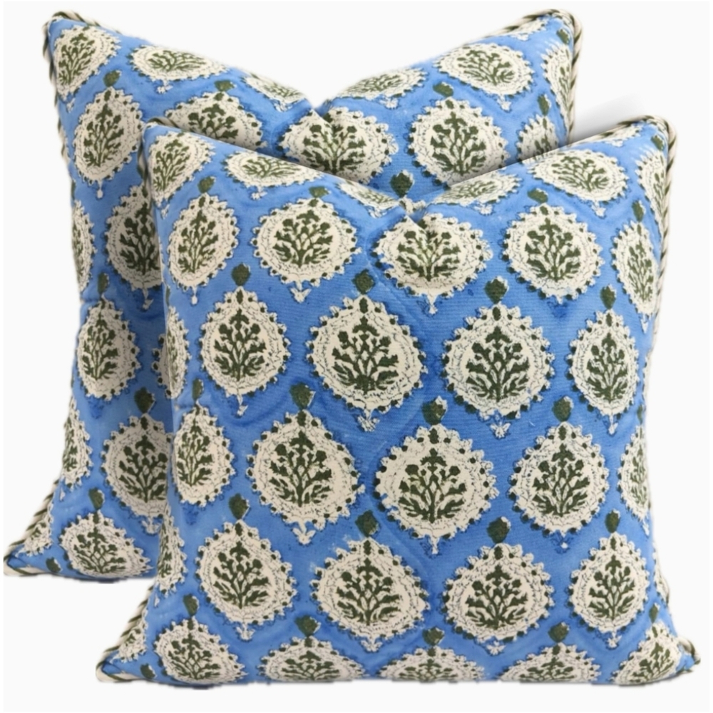 Atosii NWT 2pc 18" Floral Boho Block Print Cotton Throw Pillow Covers Blue/Green